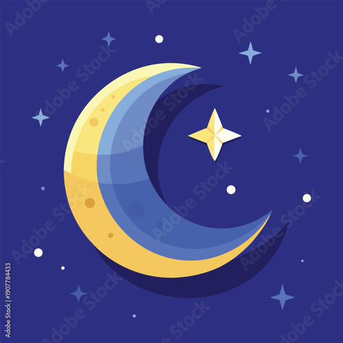 Colorful crescent moon with star ramadan night sky vector design