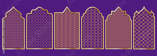 Golden Islamic arch with intricate geometric patterns on elegant purple background