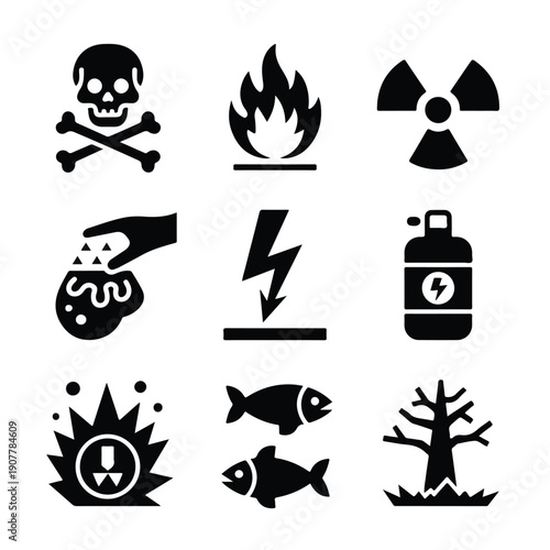 Black Silhouette Hazard and Safety Icon Set