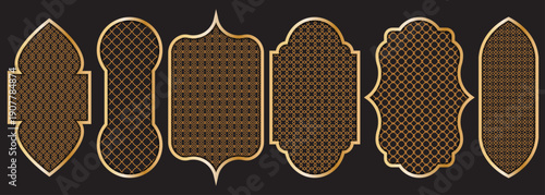 Set of golden Islamic arches with geometric Arabic Ramadan patterns
