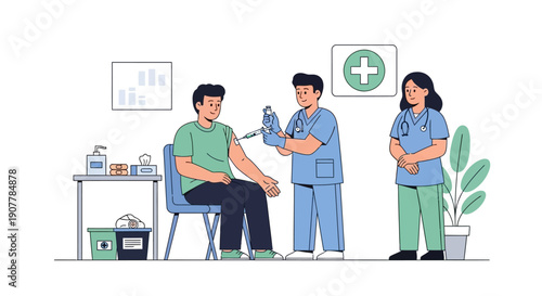 Medical professionals administer a vaccine to a patient in a clinic, highlighting public health and preventative care services