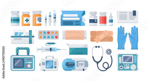 Medical equipment and supplies collection for healthcare and emergencies including bandages, syringes, and medication packaging