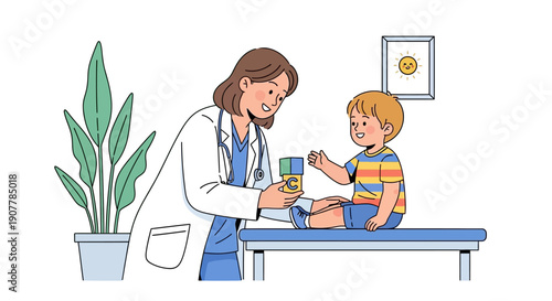 Pediatrician giving a young child a vitamin supplement at a medical check-up, illustration in a clean, friendly style