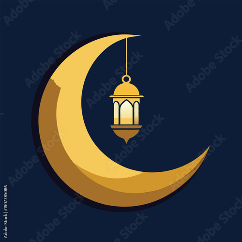 Golden crescent moon with hanging lantern ramadan vector design