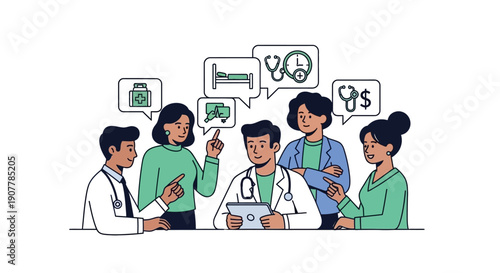 Medical professionals collaborating to discuss patient care, treatment plans, and healthcare services with icons representing medical equipment and health metrics
