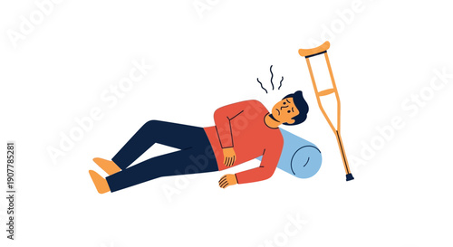 Illustration of a person lying on the ground with a rolled-up mat and a crutch nearby, suggesting injury or a fall