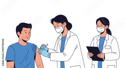 Doctor administering vaccine to patient in clinic, medical professional in protective gear giving injection