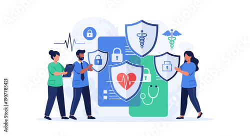 Medical security and health insurance concept with people and icons representing protection, data, and care