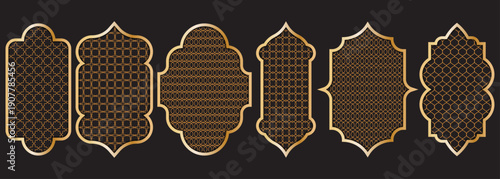 Golden Islamic Ramadan arch window collection with geometric Arabic patterns