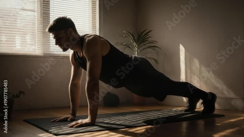 A man in athletic wear does push-ups on a mat indoors. Sunlight streams in