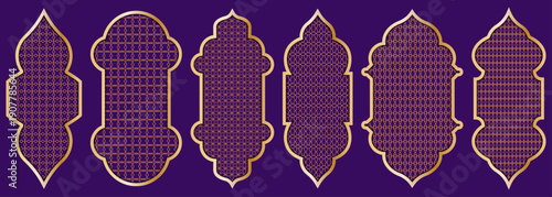 Islamic golden Ramadan arch window frames with geometric Arabic patterns set
