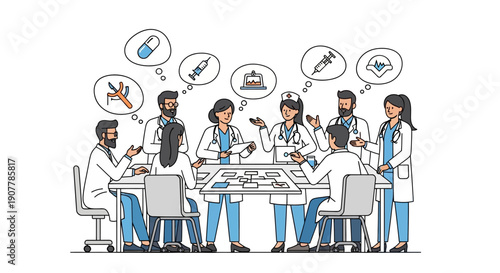 Medical Professionals Collaborating and Discussing Ideas Around a Conference Table with Various Healthcare Icons in Speech Bubbles