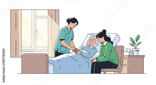 Caring nurse attending to elderly patient in hospital bed with supportive family member present