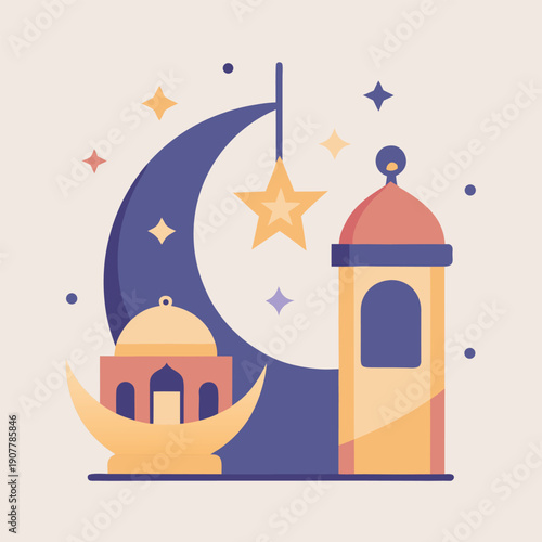 Ramadan islamic mosque crescent moon and lantern flat vector design