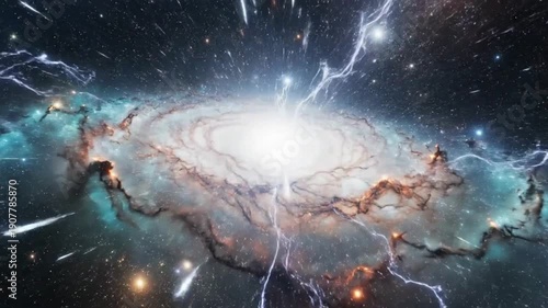 Flying through glowing blue and purple nebula in deep space