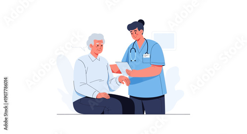 Doctor consulting with an elderly patient about medical records, promoting healthcare and well-being
