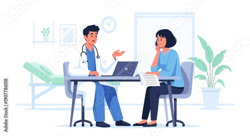 Doctor consulting with a patient in a medical office, discussing health and well-being