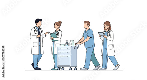 Medical professionals collaborate around a cart with supplies, discussing patient care and treatment plans in a modern healthcare setting