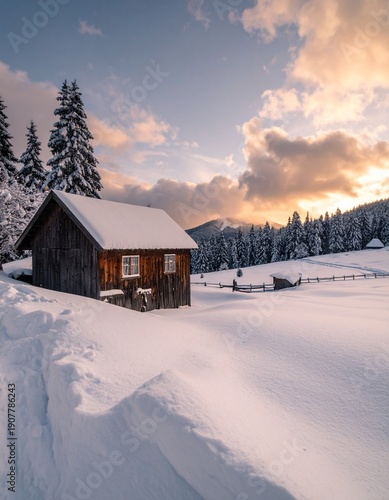 A view of a lodge deep in the mountains surrounded by snow　雪景色に包まれた山奥のロッジの風景