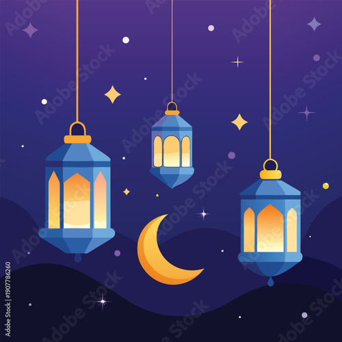 Ramadan night background with crescent moon and hanging lanterns vector