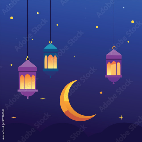 Ramadan night scene with crescent moon and hanging lanterns vector