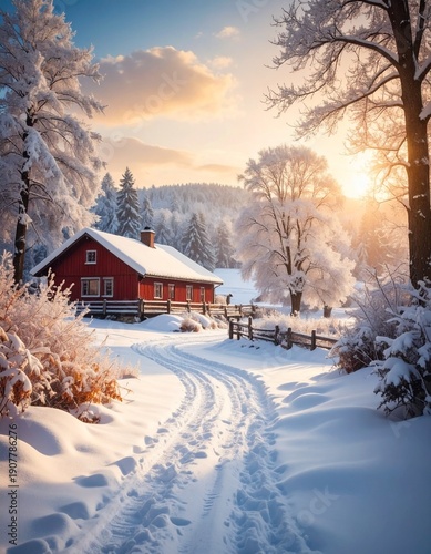 A view of a lodge deep in the mountains surrounded by snow　雪景色に包まれた山奥のロッジの風景