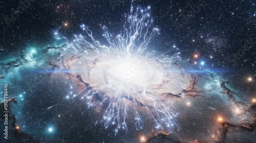 Flying through glowing blue and purple nebula in deep space