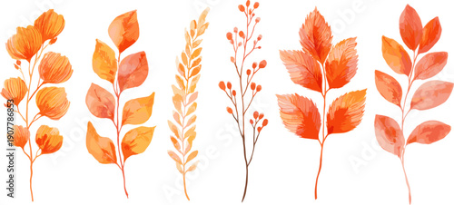 Watercolor autumn leaves and twigs set with clipping path