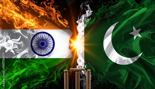 India–Pakistan flags with fiery cricket rivalry symbolism