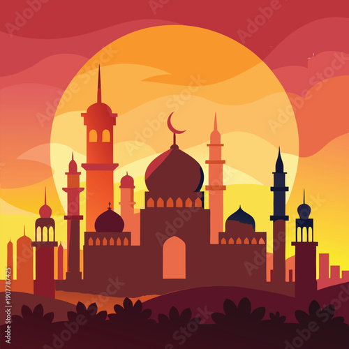 Islamic mosque skyline at sunset ramadan kareem vector illustration design