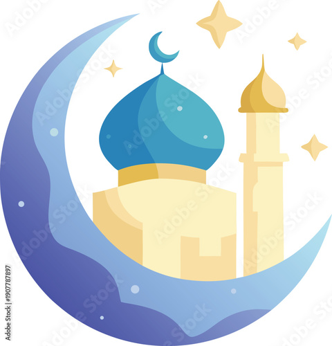 Ramadan islamic mosque with crescent moon flat vector background design