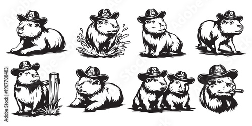 Funny Cowboy Capybara Illustration Set, Western Sheriff Capybara Characters