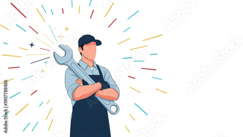 Proud mechanic or repairman in a cap and apron standing with arms crossed and holding a large wrench against a light background.