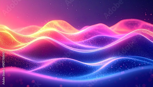 Vibrant Neon Waves Abstract Futuristic Background with Glowing Rhythmic Patterns and Cosmic Sparkles