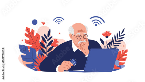 Senior man using a laptop computer while surrounded by colorful autumn leaves and wifi symbols representing digital connectivity.