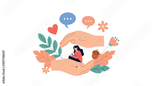Large hands providing protection and care to a small woman sitting among autumn leaves and icons of love and communication.