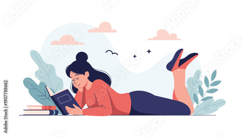 Young woman lying on the floor comfortably reading a book surrounded by leaves and clouds in a peaceful environment.