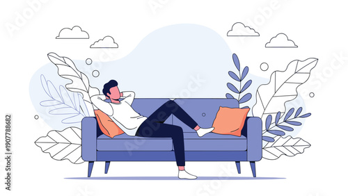 Relaxed man lying on a blue sofa with his hands behind his head in a living room decorated with indoor plants.