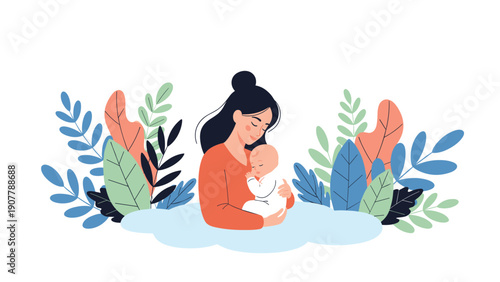 Loving mother tenderly holding her sleeping baby surrounded by colorful stylized leaves representing growth and nature.