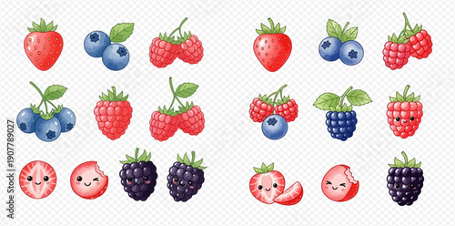 Cute cartoon berries set with strawberries, blueberries, raspberries, and blackberries on a transparent background.
