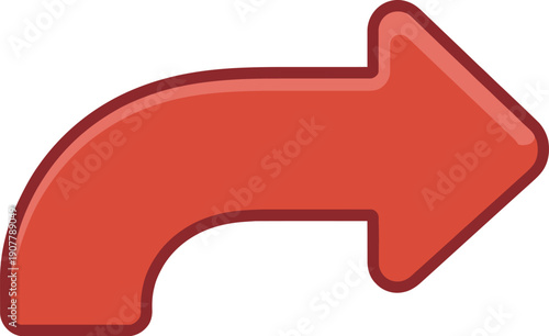 Curved arrow, glossy three dimensional right pointing arrow with smooth shading