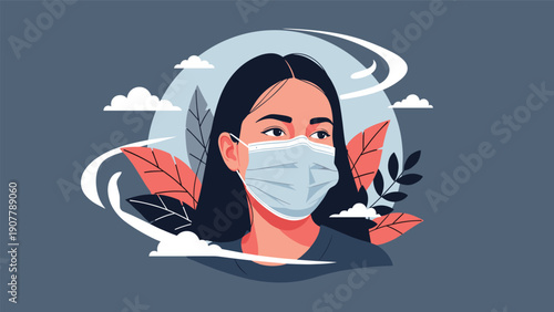 Young woman wearing a medical face mask for protection against air pollution or viruses with abstract leaves and clouds.