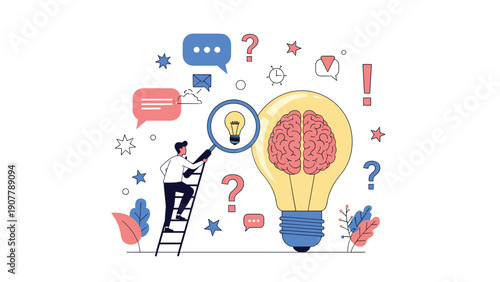 Man on a ladder using a magnifying glass to inspect a human brain inside a giant light bulb for neurobiology concept.