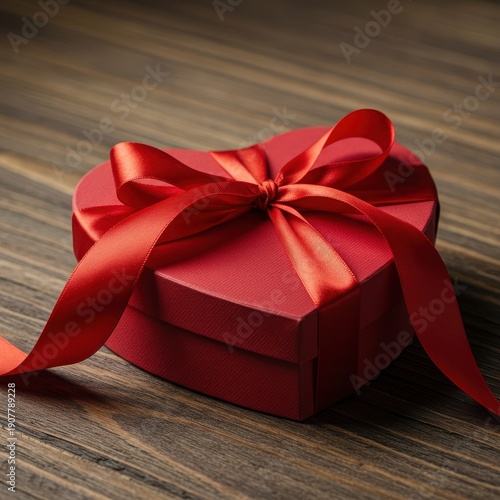 Elegant heart shaped box of sweet gourmet chocolates tied with a bright red silk ribbon, resting on a rustic wooden table surface, dessert, product, red