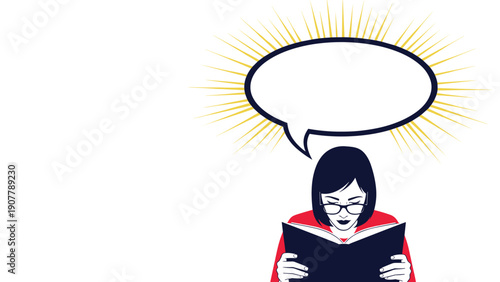 Woman wearing glasses reading a book with a large empty speech bubble above her head for creative copy or thoughts.