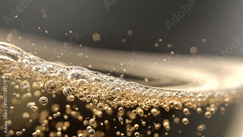 Macro Shot of Champagne Bubbles Rising in Glass With Copy Space