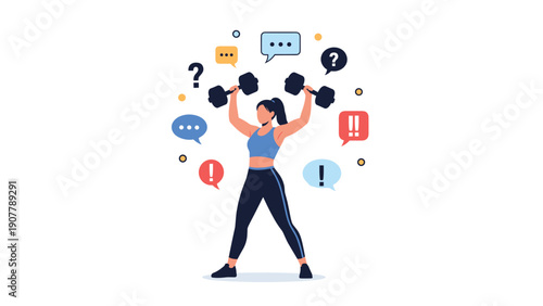 Strong woman lifting heavy dumbbells while surrounded by question marks and exclamation marks for mental health and stress.