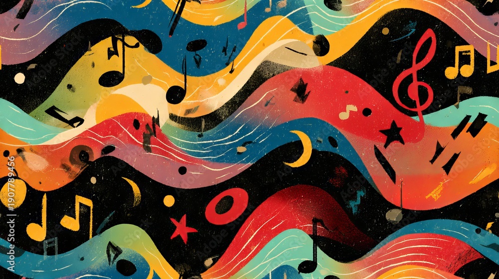 Obraz premium Abstract illustration of happy wavy music rays, colorful flowing sound waves, playful modern background with copy space