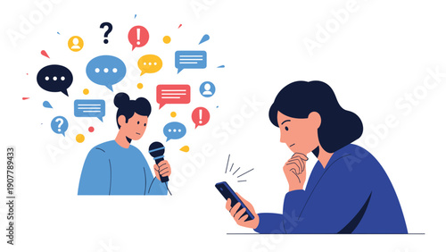 Woman using a mobile phone to listen to a narrator speaking into a microphone, representing podcasts and digital audio content.