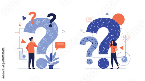 Man and woman standing before large blue question marks, reflecting a sense of confusion, curiosity, and the search for solutions.